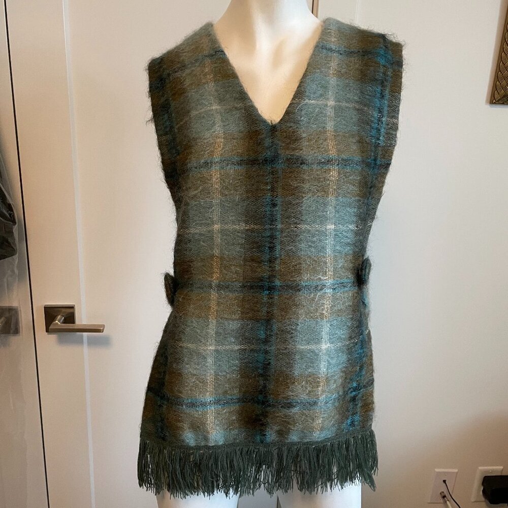 Glenrannoch Made In Scotland Vtg Mohair Wool Fringed Plaid Vest Green Blue Os